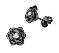 JeweBella Petites Boucles d'Oreilles Fleurs en Argent Sterling 925 pour Femme Fille Hypoallergéniques Boucles d'Oreilles Roses avec 5A+Zircone Cubique Clous d'Oreilles Argent/Or/Or Rose/Noir