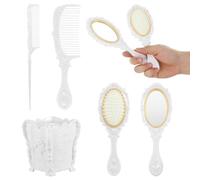 JEWEDECO Brosses à Cheveux et Peignes en Plastique Blanc Ensemble de 5 Pièces with Massage Cuir Chevelu avec Miroir Vintage for Salle de Bain ou Chambre pour Coiffure