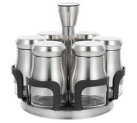 JEWEDECO Pots à Épices pour Stockage de Condiments en Acier Inoxydable Ensemble de 6 avec Verre et Support, Finition Polie Fine à Usage Domestique Table