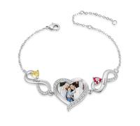 Jeweidea Bracelet Infini Personnalisé avec Photo Bracelet Coeur Gravé Nom et Pierre de Naissance pour Femme Maman Mamie Cadeau Fête des Mères (Noms 2)