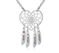 Jeweidea Collier Femme Pierres de Naissance Gravure Personnalisée 2-5 Noms Attrape Rêve Coeur Pendentif Argent Collier Mère Bijoux Cadeau pour Femme Fête des Mères Anniversaire (S-4 noms)