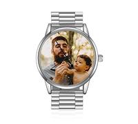Jeweidea Montre Photo Personnalisée avec Texte Gravé pour Homme Analogique Bracelet en Métal Montre-Bracelet Cadeaux pour Papa Mari Fête des Pères Anniversaire (style 3)