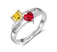 Jeweidea Name Bagues pour femmes avec 2 pierres de naissance Bague de promesse de gravure personnalisée pour elle en forme de coeur Bague en argent Cadeau pour maman Anniversaire Saint Valentin