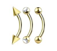 Jewel Barrel Lot de 3 piercings incurvés en acier chirurgical pour sourcils, rook, daith et hélix, 6/8/10/12 mm - Or, argent, rose, arc-en-ciel et noir avec boule, cône et extrémités en cristal, Acier