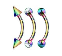 JEWEL BARREL Lot de 3 piercings incurvés pour sourcils, hélix, daith, rook, 16 g (1,2 mm), 6, 8, 10, 12 mm de longueur, cône boule de 3 mm et cristal, Acier chirurgical