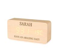 Jewel Réveil en Bois Personnalisé LED Horloge de Bureau Numérique avec Nom et Textes Personnalisés Chiffre Réveil Heure et Température Affichage Chambre Décor à la Maison (Bambou)