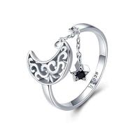 Jewelgift Bague réglable pour femme en argent sterling 925 avec longue chaîne en forme de lune et d'étoile avec zircone cubique Noir