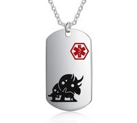 Jewelora Collier médical personnalisé pour enfants, pendentif avec étiquette de chien avec dinosaure et emblème, alerte médicale d'urgence (Triceratops)