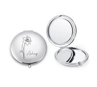 jewelora Miroir de Poche Personnalisé Fleurs de Naissance et Nom Petit Miroir de Portable Pliable Mini Miroir de Voyage pour Femme Fille Maman Petite Amie Mariage Noël Cadeau Personnalisé (Argent)