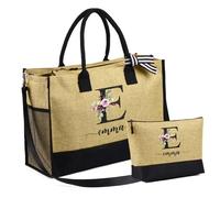 jewelora Tote Bag Personnalisable Sac Fourre Tout pour Femme avec Poches Sac de Plage Femme avec Nom pour Maman Maitresse Amie Mariées Sac Cabas pour Mariage Voyage Plage Vacances Noël (Lettre-5)