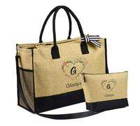 jewelora Tote Bag Personnalisable Sac Fourre Tout pour Femme avec Poches Sac de Plage Femme avec Nom pour Maman Maitresse Amie Mariées Sac Cabas pour Mariage Voyage Plage Vacances Noël (Lettre-3)