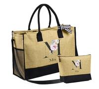 jewelora Tote Bag Personnalisable Sac Fourre Tout pour Femme avec Poches Sac de Plage Femme avec Nom pour Maman Maitresse Amie Mariées Sac Cabas pour Mariage Voyage Plage Vacances Noël (Lettre-2)
