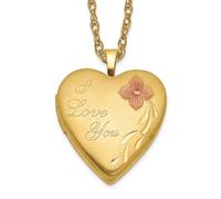 Jewelry Affairs Collier médaillon en forme de cœur en or jaune 14 carats avec gravure « I Love You », 20 mm, fleur rouge, 45,7 cm, petit, rempli d'or jaune, sans pierre précieuse
