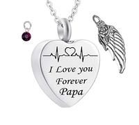 Jewelry Ashes Necklace,Heart with Angel Wing Birthstone and ECG Engraving I Love You Forever Papa Stainless Steel Urn Pendants Urn Necklace