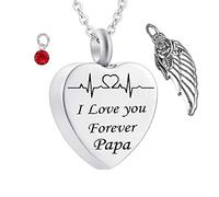 Jewelry Ashes Necklace,Heart with Angel Wing Birthstone and ECG Engraving I Love You Forever Papa Stainless Steel Urn Pendants Urn Necklace