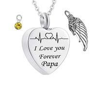 Jewelry Ashes Necklace,Heart with Angel Wing Birthstone and ECG Engraving I Love You Forever Papa Stainless Steel Urn Pendants Urn Necklace