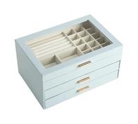 Jewelry Box 3-Layer Rack Leather Organizer，Women Boxes With 2 Drawers Large Storage For Earrings Necklaces Pour Colliers,Bracelets(Sky blue)