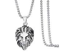 Jewelry Kingdom 1 Collier pour homme avec pendentif lion, plus grand, en acier inoxydable plaqué argent, 3 diamants CZ brillants, livré avec une chaîne en corde de 61 cm et dans une boîte cadeau