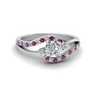 Jewelryonclick Bague de fiançailles Diamant Tourbillon 3 Pierres Argent Sterling Saphir Rose créé Rond façonner Bagues de fiançailles en Pierre latérale réglage de la Broche Taille 59