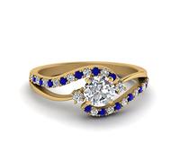 Jewelryonclick Bague de fiançailles Diamant Tourbillon 3 Pierres plaqué Or Jaune Saphir Bleu créé Rond façonner Bagues de fiançailles en Pierre latérale réglage de la Broche Taille 62