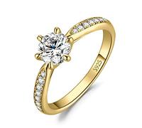 JewelryPalace 0.5ct Classique Moissanite Bague Taille Rond Solitaire Pierre Argent Massif 925 Femme, Plaqué Or Jaune Bague Diamant Simulé Fiançailles Mariage Promise Alliance, Ensemble Bijoux Mariee