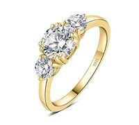JewelryPalace 1.4ct 3 Pierres Classique Cubic Zirconia Bague Taille Rond Argent Massif 925 Femme, Plaqué Or Jaune Bague Diamant Simulé Fiançailles Mariage, Ensemble Parure Bijoux Mariee
