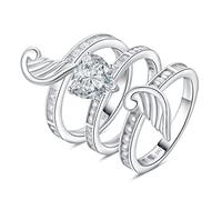 JewelryPalace 2.2ct Classic Vintage Ailes d'ange Bague Taille Coeur Solitaire Cubic Zirconia Pierre Argent 925 Femme, Plume Bague 3 Anneaux Fiançailles Mariage Promise Alliance, Ensemble Bijoux Mariee