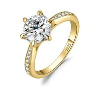 JewelryPalace 2ct Classique Moissanite Bague Taille Rond Solitaire Pierre Argent Massif 925 Femme, Plaqué Or Jaune Bague Diamant Simulé Fiançailles Mariage Promise Alliance, Ensemble Bijoux Mariee