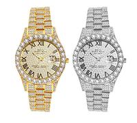 JewelryWe 2Pcs Montre Homme Diamant Analogique à Quartz,Montre Bracelet Homme Strass Fantaisie,1Atm Etanche,Montre Cadran Rond avec Calendrieret Chiffre Romain