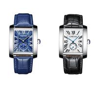 JewelryWe 2PCS Montre Quartz Homme Calendrier Rectangulaire Cadran Romain Chiffre Seconde Cadran Indépendant Bracelet Cuir Alliage Cadran Couleur Noir Brun