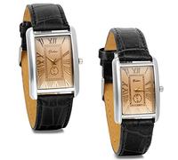 JewelryWe 2pcs Montre Quartz Rétro Rectangulaire Romain Chiffre Cadran Bracelet Cuir Alliage Homme Femme Couple Amour Noir