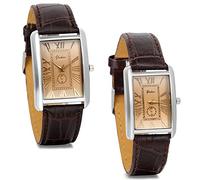 JewelryWe 2pcs Montre Quartz Rétro Rectangulaire Romain Chiffre Cadran Bracelet Cuir Alliage Homme Femme Couple Amour Brun