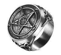 JewelryWe Bague Chevalière Homme Biker: Bague en acier inoxydable Satanique Style Biker Sombre Chevalière Homme Pentagramme du Diable et Croix de Léviathan - Cadeau Anniversaire Fête des Pères