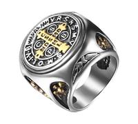 JewelryWe Bague Chevalière Homme Saint-Benoît: Bague Acier Inoxydable avec Croix et Insigne Catholique de Saint-Benoît Bague Biker Motard - Cadeau Homme Anniveraire Fête des Pères