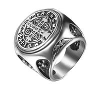 JewelryWe Bague Chevalière Homme Saint-Benoît: Bague Acier Inoxydable avec Croix et Insigne Catholique de Saint-Benoît Bague Biker Motard - Cadeau Homme Anniveraire Fête des Pères
