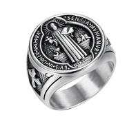 JewelryWe Bague Chevalière Homme Saint-Benoît: Bague en Acier Inoxydable avec Insigne Catholique de Saint-Benoît Bague Biker Motard - Cadeau Religieux Anniveraire Fête des Pères