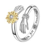 JewelryWe Bague Femme Acier Inoxydable: Bague d'Étreinte Tournesol Ouvert Réglable Rotatif avec Zircons Gravée de You are my Sunshine - Cadeau Femme Anniversaire St Valentin