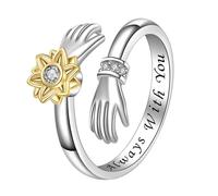 JewelryWe Bague Femme Acier Inoxydable: Bague d'Étreinte Tournesol Ouvert Réglable Rotatif avec Zircons Gravée de Always with you- Cadeau Femme Anniversaire St Valentin