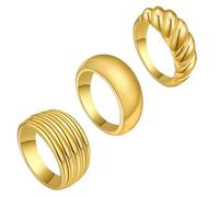 JewelryWe Bague Femme Acier Inoxydable: Ensemble de 3 Bagues Plaqué Or Fantaisie Croissant Épais Doré Classique et Élégant - Cadeau Anniversaire Saint Valentin Mariage