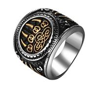 JewelryWe Bague Homme Acier Inoxydable: Bague Chevalière Viking avec Patte de Loup Gravure Cubique Style Vintage Punk Biker Motard Amulette Nordique - Cadeau Homme Anniveraire Fête des Pères