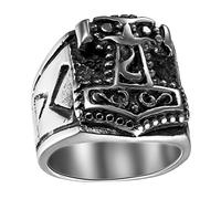 JewelryWe Bague Homme Chevalier Rétro Thor's Hammer Marteau Punk Rock Anniversaire Acier Inoxydable Fantaisie Couleur Noir Taille 70 avec Sac Cadeau