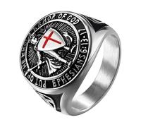 JewelryWe Bague Homme Chevalière Saint-Michel: Bague Chevalière Acier Inoxydable avec Inscription et Bouclier Style Biker Motard Amulette Protectrice Bijoux Religieux - Cadeau Homme Anniveraire