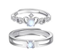 JewelryWe Bagues Couple Amoureux pour 2: Alliance Mariage Couronne en Acier Inoxydable avec Pierre de Lune Ajustables - Cadeaux Romantiques pour Femme et Homme, Fiançailles, ou Saint-Valentin