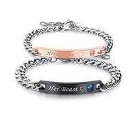 JewelryWe Bijoux 2PCS Bracelet His Beauty & Her Beast Personnalisation Gravure Gourmette d’Amitié Amour Couple Acier Inoxydable Saint Valentin