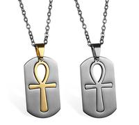 JewelryWe Bijoux 2PCS Collier Pendentif Homme Religious Egyptian Clé Key of Nile Ankh Croix Dog Tag Plaque Chaîne 55cm Acier Inoxydable Fantaisie Couleur Argent Doré