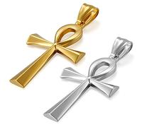 JewelryWe Bijoux 2PCS Pendentif Collier Homme Croix Classique Egypte Polissage Acier Inoxydable Fantaisie pour Homme et Femme Couleur Argent Doré