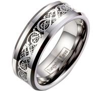 JewelryWe Bijoux Bague Homme Celtique Dragon Anniversaire Mariage Acier Tungstène Anneaux Fantaisie Couleur Argent Largeur 8mm avec Sac Cadeau(Taille de Bague 74.5)