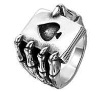 JewelryWe Bijoux Bague Homme Gothique Griffe Tête de Mort Carte De Poker Bêche A Acier Inoxydable Anneaux Fantaisie Couleur Noir Argent (Taille de Bague 64.5)