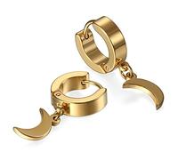 JewelryWe Bijoux Boucles d’Oreilles Lune Anneau à Charnière Clous d’Oreilles Acier Inoxydable Fantaisie pour Homme et Femme Couleur Doré Avec Sac Cadeau