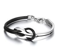 JewelryWe Bijoux Bracelet Homme Symbole Infini Infinity Charm Manchette Cuir Acier Inoxydable Fantaisie pour Homme et Femme Chaîne de Main Couleur Noir Argent avec Sac Cadeau